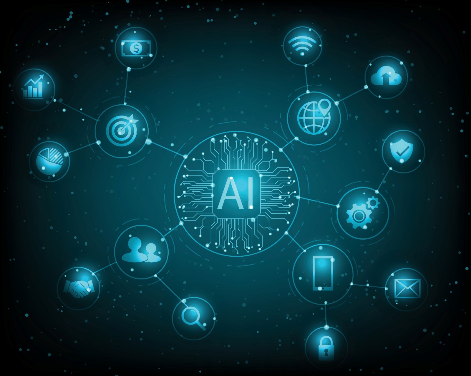 Mesterséges intelligencia hálózati illusztráció: középen egy AI-chip, körülötte összekapcsolt egészségügyi és adatbiztonsági csomópontok.